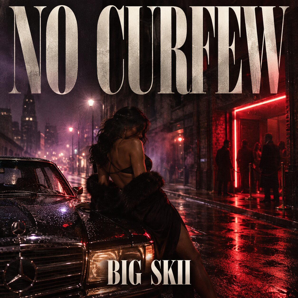 Cover art for the BIG SKII single No Curfew: a woman in a fur coat leans against a rain-soaked vintage Mercedes on a city street at night, beside a red neon-lit club doorway with a line outside, with the title in large silver lettering